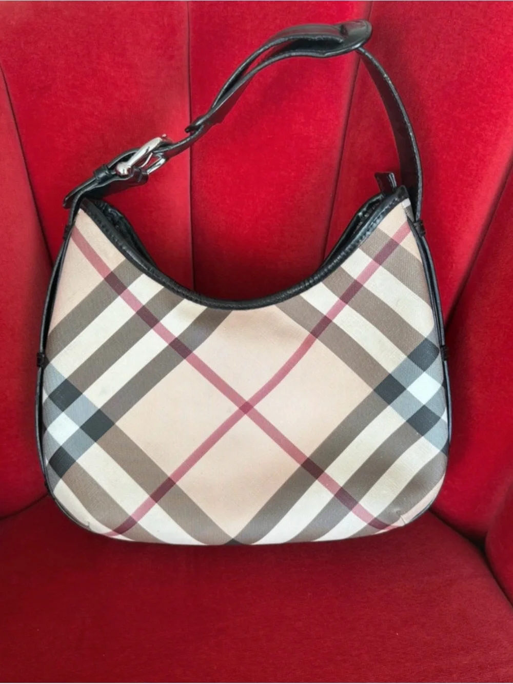 Burberry Beige Plaid Hobo with Black Trim